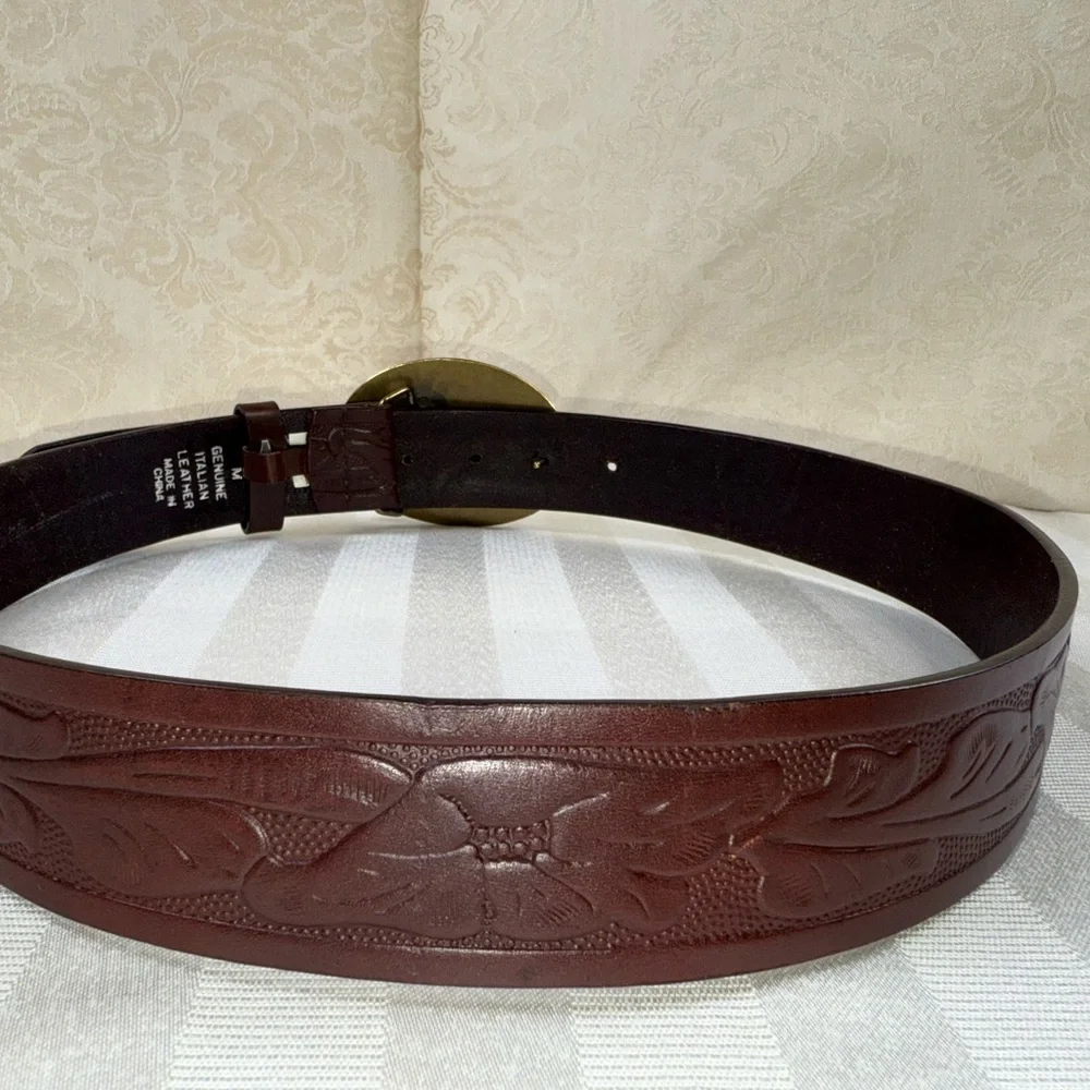 EXPRESS Genuine Italian Leather Embossed Belt Bronze Floral Hinged Buckle Size M